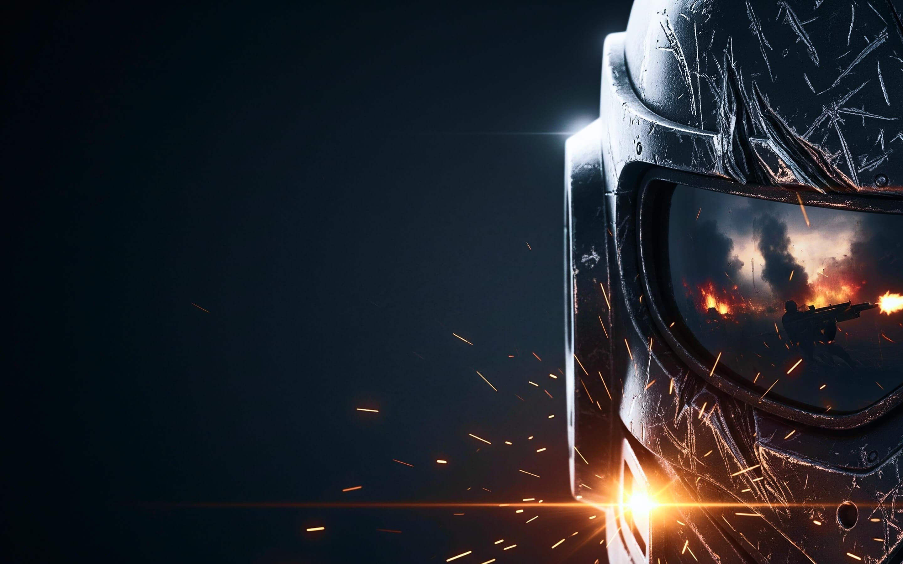 Battlefield 6 helmet close-up with explosions reflected