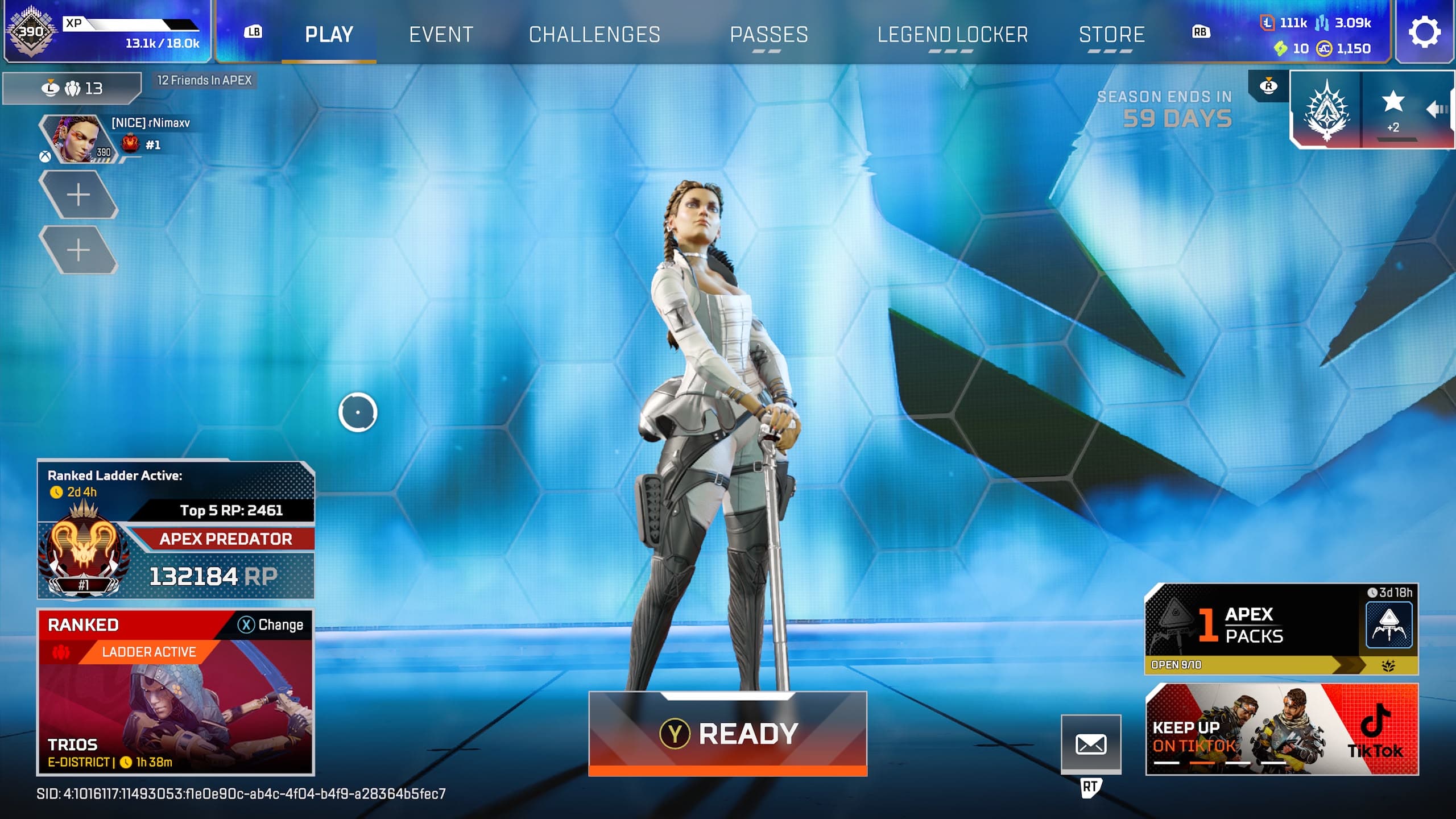 Apex Legends lobby showing the number one Apex Predator badge and 132,184 RP beside Loba