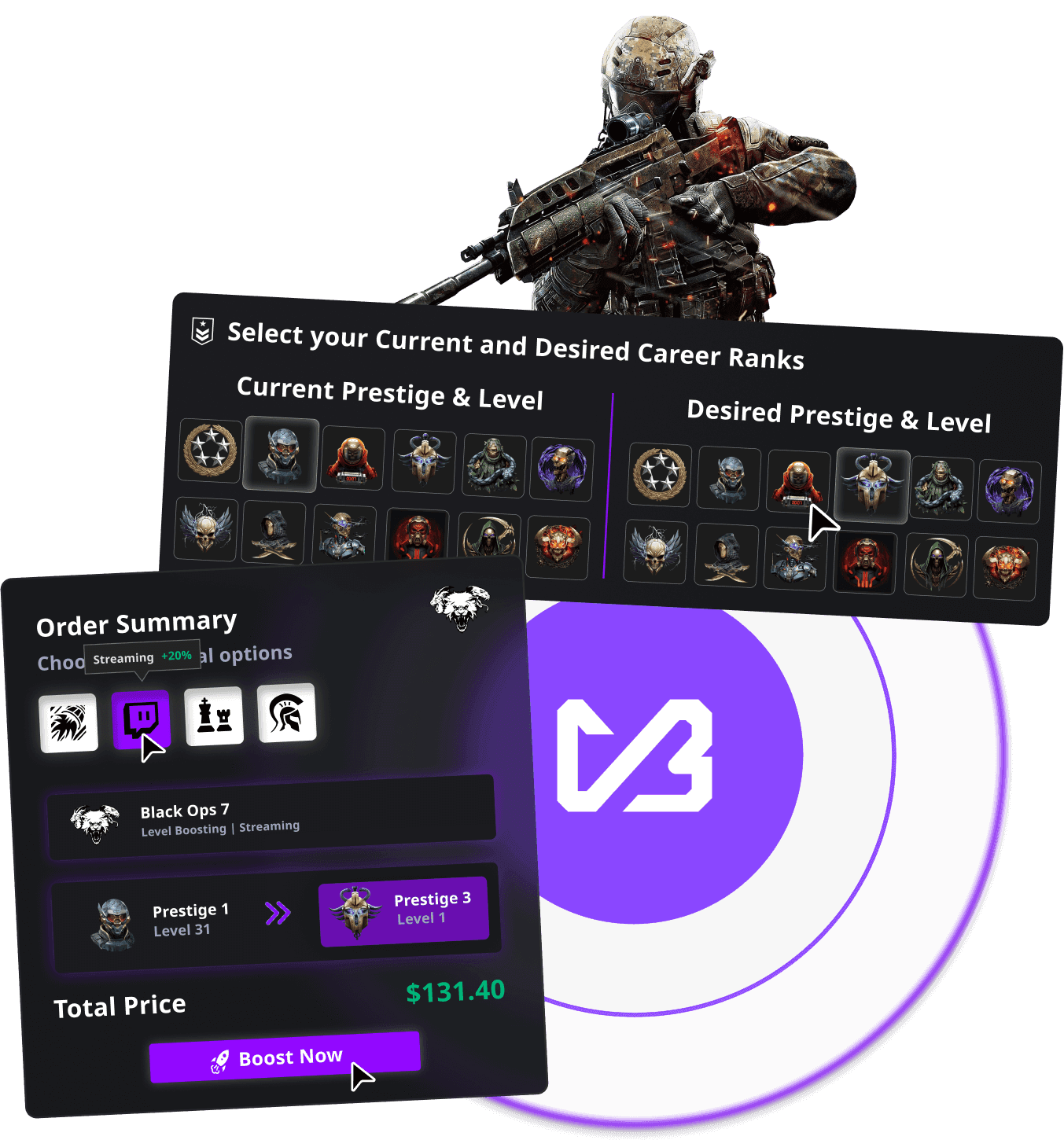 VersaciBoosts CHOOSE A SERVICE screen