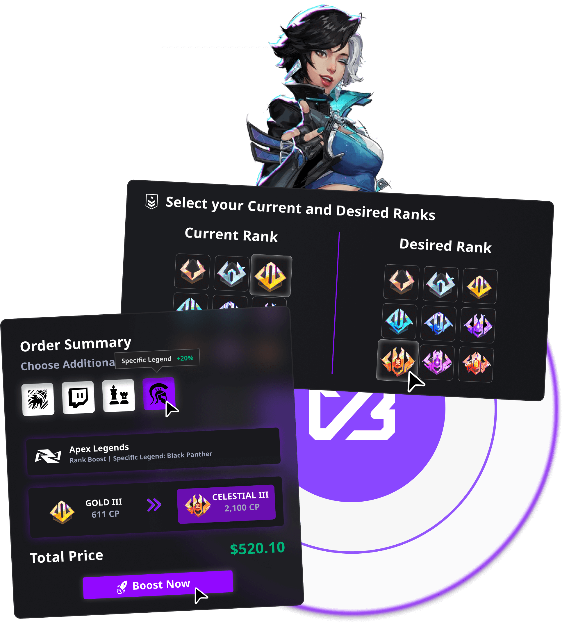 VersaciBoosts CHOOSE A SERVICE screen