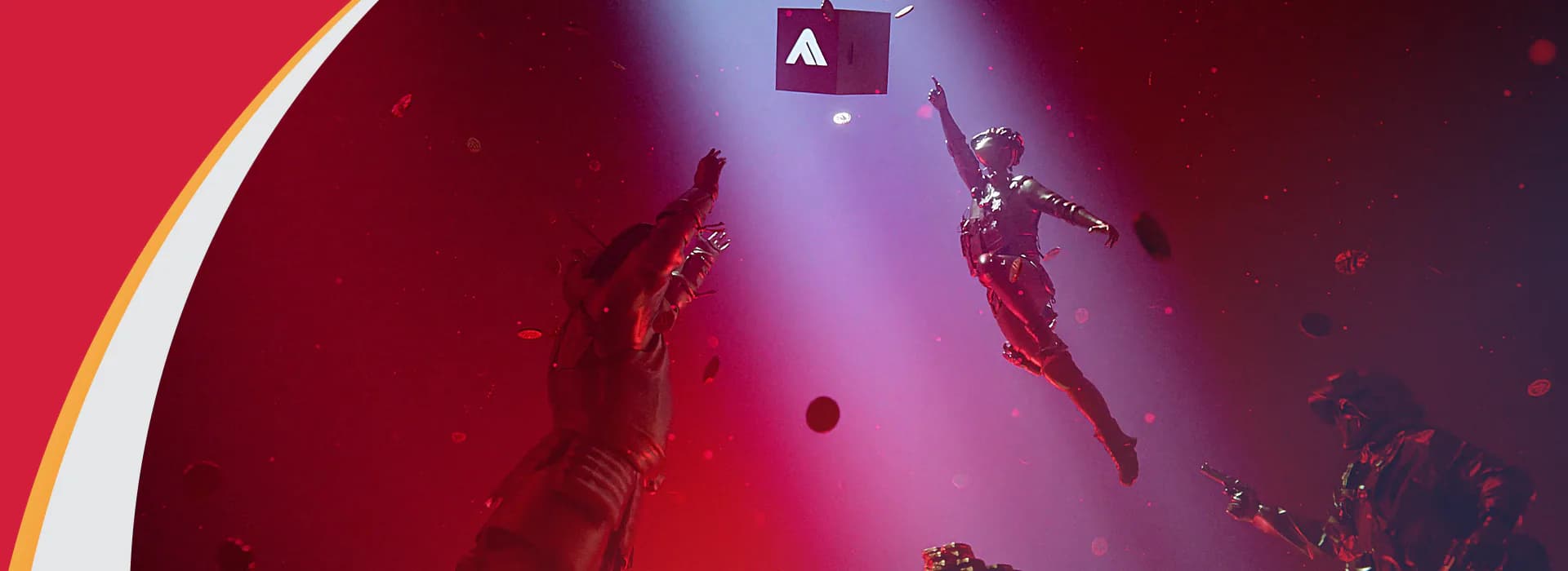 THE FINALS key art of contestants leaping for a floating cube under a spotlight