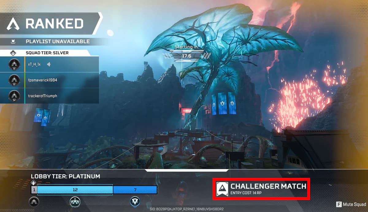 Respawn preview of a Silver squad loading into a Platinum Lobby Tier, labelled Challenger Match with a reduced entry cost